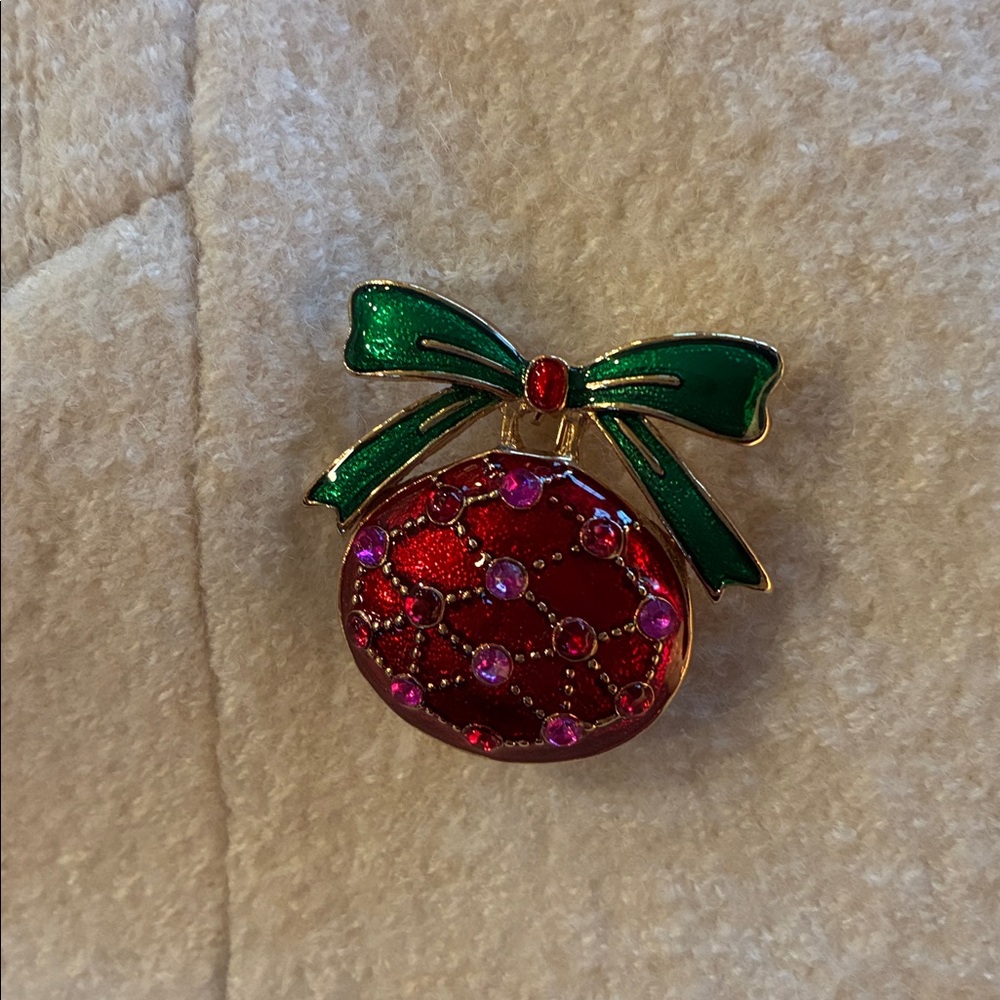 Talbots Pink Ornament with Green Bow Brooch
